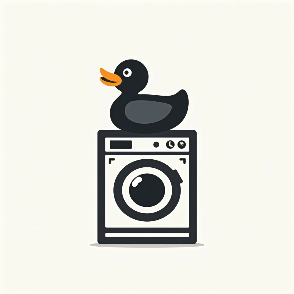 simple logo with black duck sitting above the washing machine, put caption at the right of the picture with "Duckies Laundry Hub"
