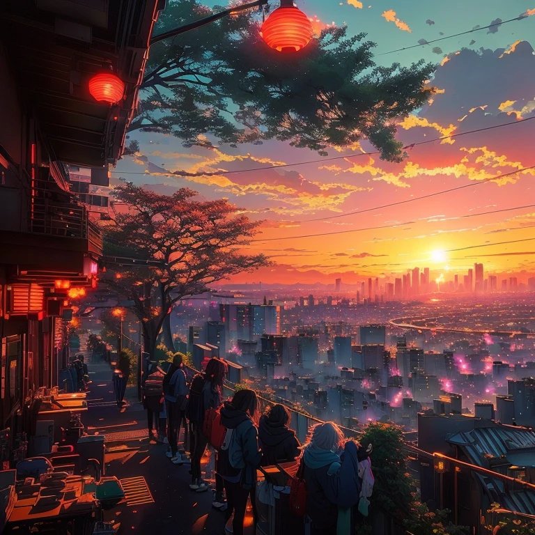 anime scenery of a sunset with a view of a city, beautiful anime scene, anime beautiful peace scene, watching the sun set. anime, beautiful anime scenery, anime background art, anime scenery, ross tran. scenic background, 🌺 cgsociety, lofi artstyle, beautiful cityscape, tokyo anime scene, warm beautiful scene, anime style cityscape, anime vibes, hd anime cityscape