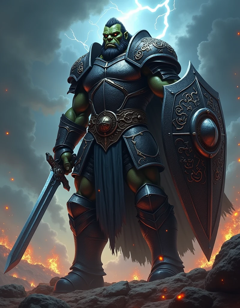 A powerfully built orc, reminiscent of a knight and wizard hybrid, is depicted in stunning detail. Clad in a gleaming black Full-Plate armor adorned with intricate mystical runes, he brandishes a shield and longsword. This mesmerizing image, likely a digital painting, showcases the orc's robust physique and imposing presence. Every muscle is defined, every rune meticulously rendered, creating a visually striking portrayal that captivates the viewer.