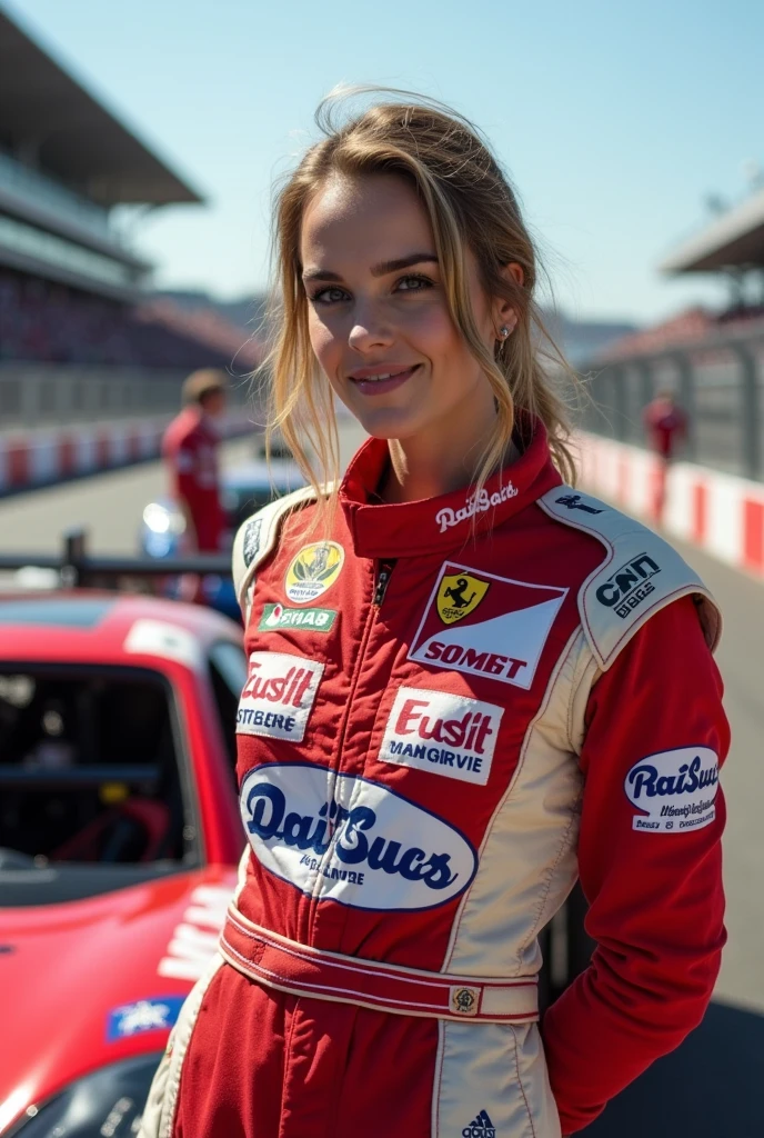 Grid-Girl, racing car, photo finish, best quality, (masterpiece:1.2), high quality, absurdres, highres, hyper detailed, RAW, detailed background, Emma Watson
