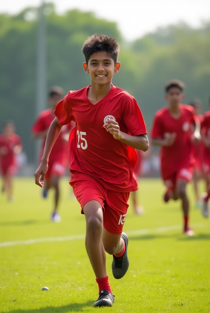 A age boys running in his kho kho ground and his name Ashutosh and jersey number 25 written on his jersey