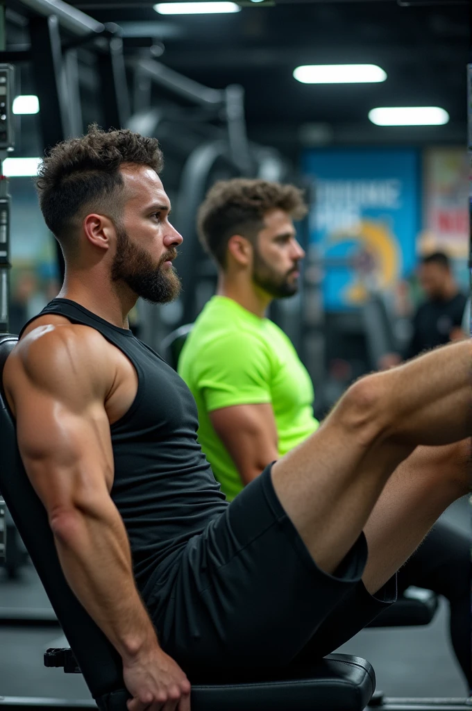Men age 22 doing leg rise in gym