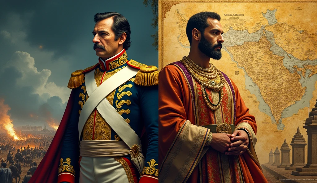 "A powerful split-screen image showing Napoleon Bonaparte on one side and Samudragupta on the other, both standing tall in regal attire. Behind Napoleon, a battlefield and the Napoleonic Code scroll, symbolizing his military genius and legal reforms. Behind Samudragupta, a map of the Gupta Empire and a temple, symbolizing his conquests and cultural contributions. The background gradually blending together, representing their lasting impact on history."