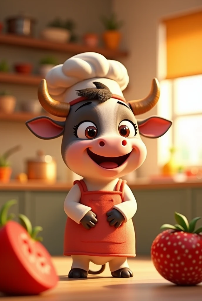 a close up of a cartoon cow wearing a apron and a hat, 3 d animation demo reel, 3d animation, 3 d animation, 3 d animated movie, 3d animated, 3 d animated, tv commercial, clay animation, cgi animation, cute! c4d, cute 3 d render, pixar 3 d animation style, food commercial 4 k, 3 d cartoon