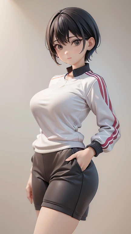 30-year-old woman、Cool woman,sharp、female teacher、physical education teacher、Black Hair,、boyish、Shortcuts、Jersey、Tracksuits、Clothing patterns、Clothing Design、The front is open、whole body、