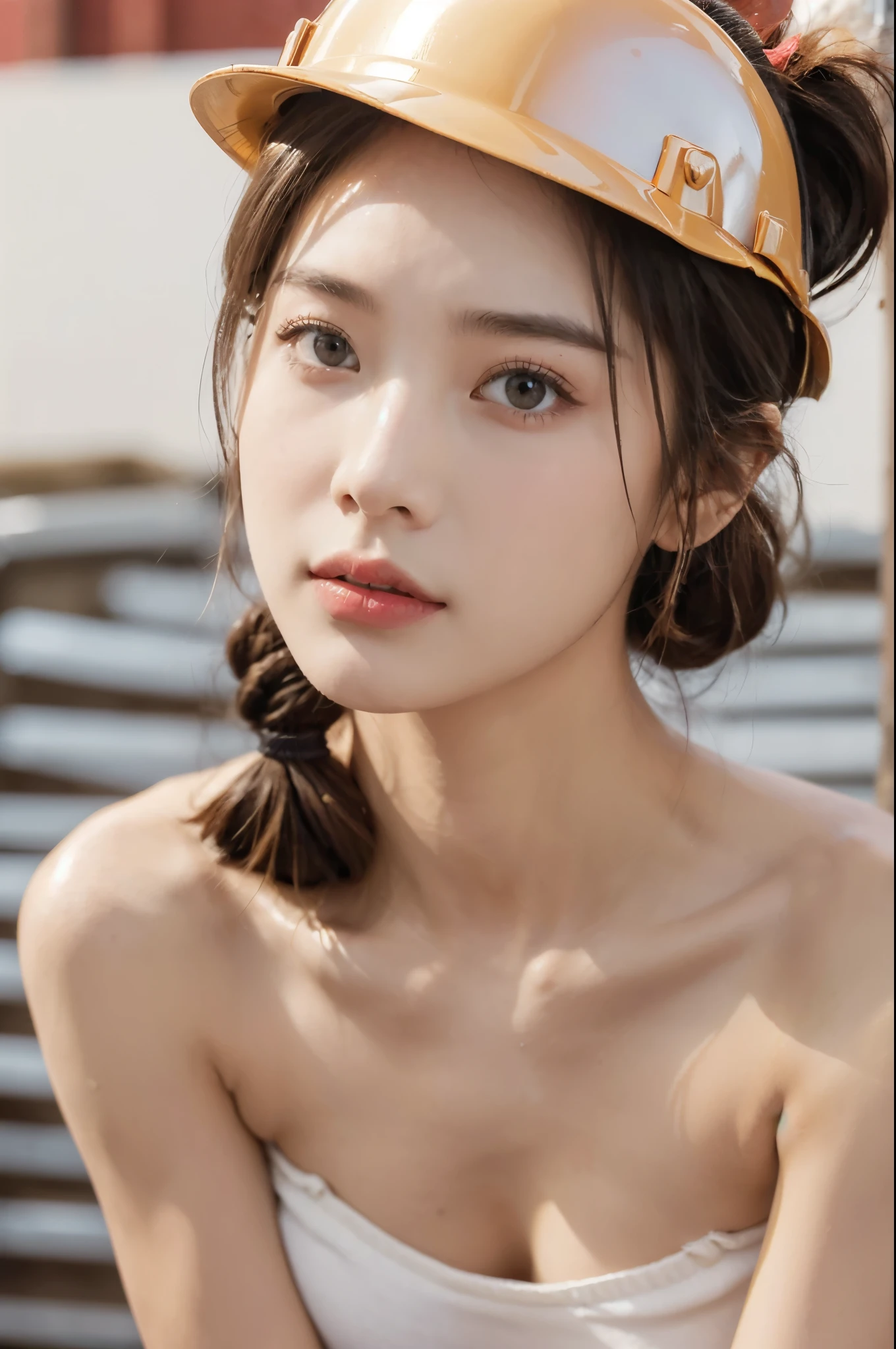 (((best quality))), (((ultra detailed))), (((masterpiece))), illustration,((a beautiful girl,solo)),(hard hat on head:1.3),(short ponytail:1.2),(flushed cheeks:1.3),(Brownish red skin:1.3),((sweat,wet)),((slim,thin)),((small breasts,flat chest)), (strapless dirty torn white bra:1.3),(High altitude construction site:1.3),(on the roof:1.2),(outdoor:1.2),(bricks:1.3), scorching sun, vibrant city,((cement, dust)), determined hustle, quiet, determined girl, indomitable spirit, human resilience, perseverance, unwavering resolve, back-breaking work, awe, respect, narrative, sacrifice, hard work, unseen heroes, city buildings,((from front,close-up of face))