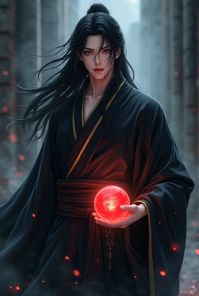  masterpiece in 4K UHD quality, featuring a striking bishoujo character with an intricately detailed face and captivating gaze. The illustration should showcase a single radiant red energy ball held in the hand of a man with an immortal-like appearance. He has long, flowing black hair styled in a classic anime protagonist fashion and luminous dark eyes that exude ancient wisdom. Dressed in a traditional black kimono with golden stripes, his expression is commanding yet expressionless, surrounded by an ethereal aura. The background should evoke a dark, atmospheric vibe reminiscent of Dark Souls, with shadowy landscapes and creeping mist. The softly glowing red energy ball should be cradled in one hand, embodying a sense of timeless confidence and mystical energy. Emphasize the Impressionist style (Impressionism:1.4) for added depth and vibrancy.