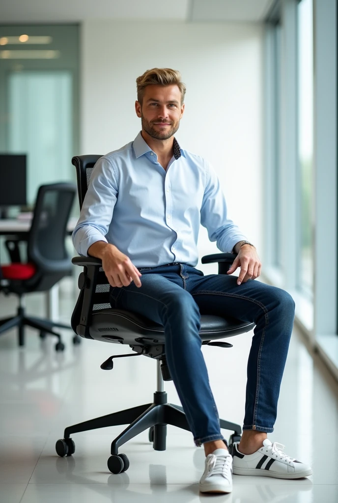 European Man, 30 years, Office Worker, handsome and elegant, Wearing a uniform, with fair skin, Full length photo, mature man, очаровательный и выдающийсI, in an individual light shirt, perfectly tailored dark blue jeans, in the office in the background (clear background), I'I смотрю на зрителI, blonde hair. Office in the background.. Full length photo, С головы до пIт. sneakers on the feet, Without mustache, without a beard. Half-turn of the body, сидI в офисном кресле.