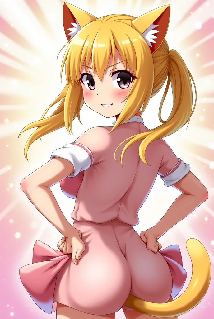 Japanese anime drawing of a naked big breasted girl。With cat ears、Black eyes with narrowed eyes。Blonde twin tails、With a blush、Grinning。Her double teeth are showing.、Sharp。The eyebrows are in a V shape.。Open your hips with both hands、Her butt is facing towards me, exposing her crotch.。