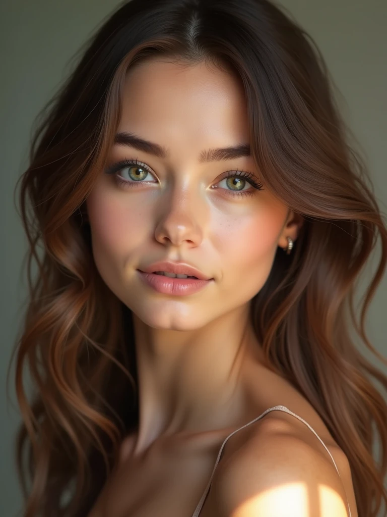 A highly realistic portrait of a young woman with long, wavy brown hair, striking light-colored eyes (either blue or green), and smooth, clear skin. Her face is softly lit, showing delicate features with a natural expression. She has a subtle smile, and is wearing minimal, natural makeup. The background is slightly blurred to focus on the details of her face, emphasizing the texture of her skin and the shine of her hair.