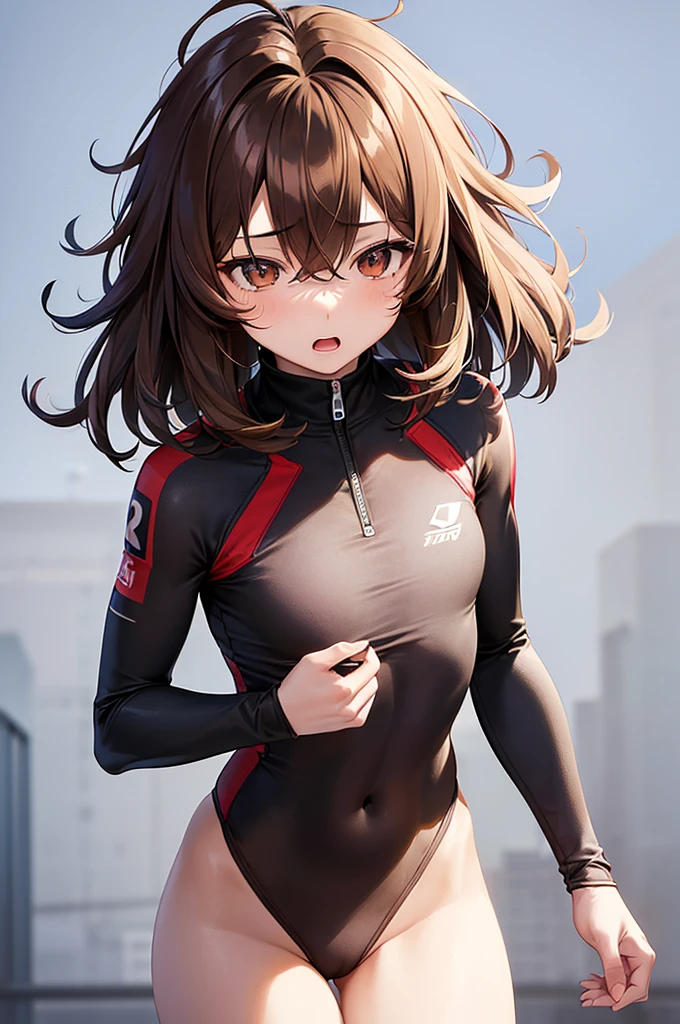masterpiece, best quality,anime style, 1 girl,(((slender body))), (((small eyes))),(((athlete suit))), (beautiful face), (((medium hair))), (((messy hair))), ((((brown hair)))),detailed beautiful skin, (perfect hands, perfect anatomy),scream