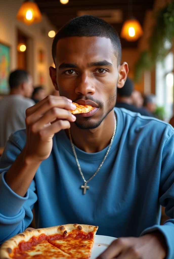 best qualityer:1.4), (ultra high resolution:1.2), (photorrealistic:1.4), (8k, CRU photo:1.2), a thin young man of 20 years old, light brown skin, with a smooth, beardless face, short American haircut on the sides and top, He's wearing a blue sweatshirt, with a thin silver chain with a cross symbol, He is sitting at a restaurant table, distractedly eating pizza.