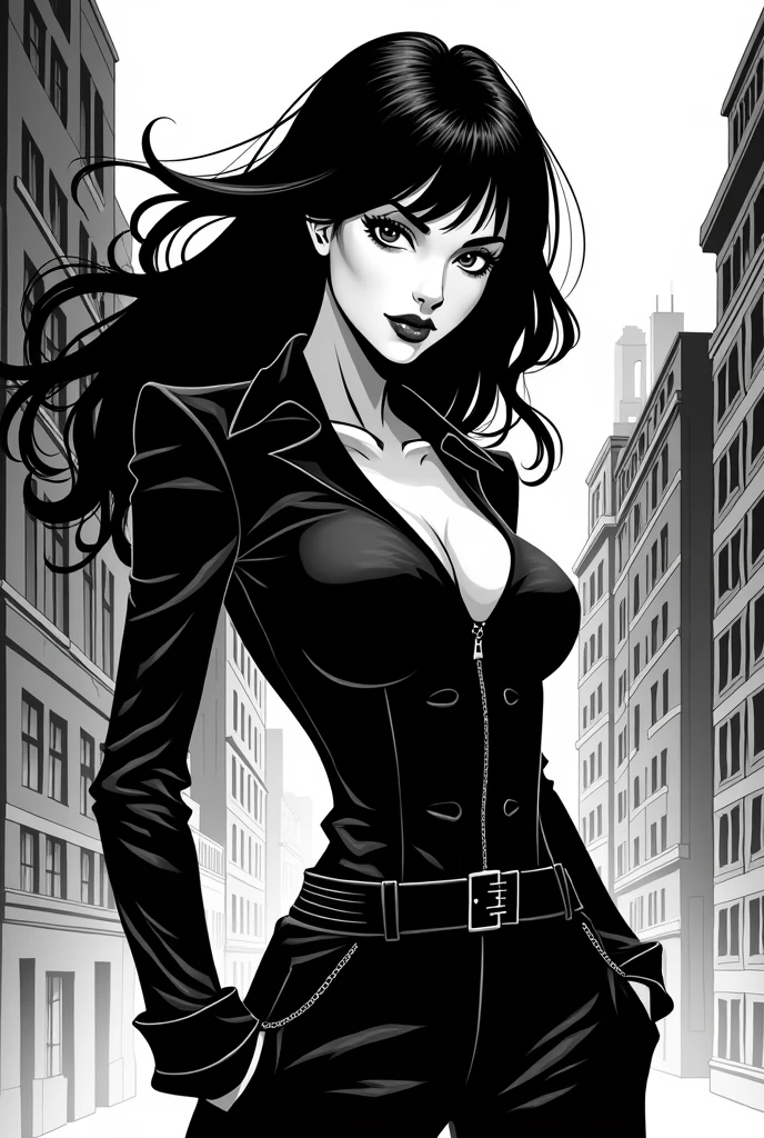 beautiful black haired woman in black and white comic style