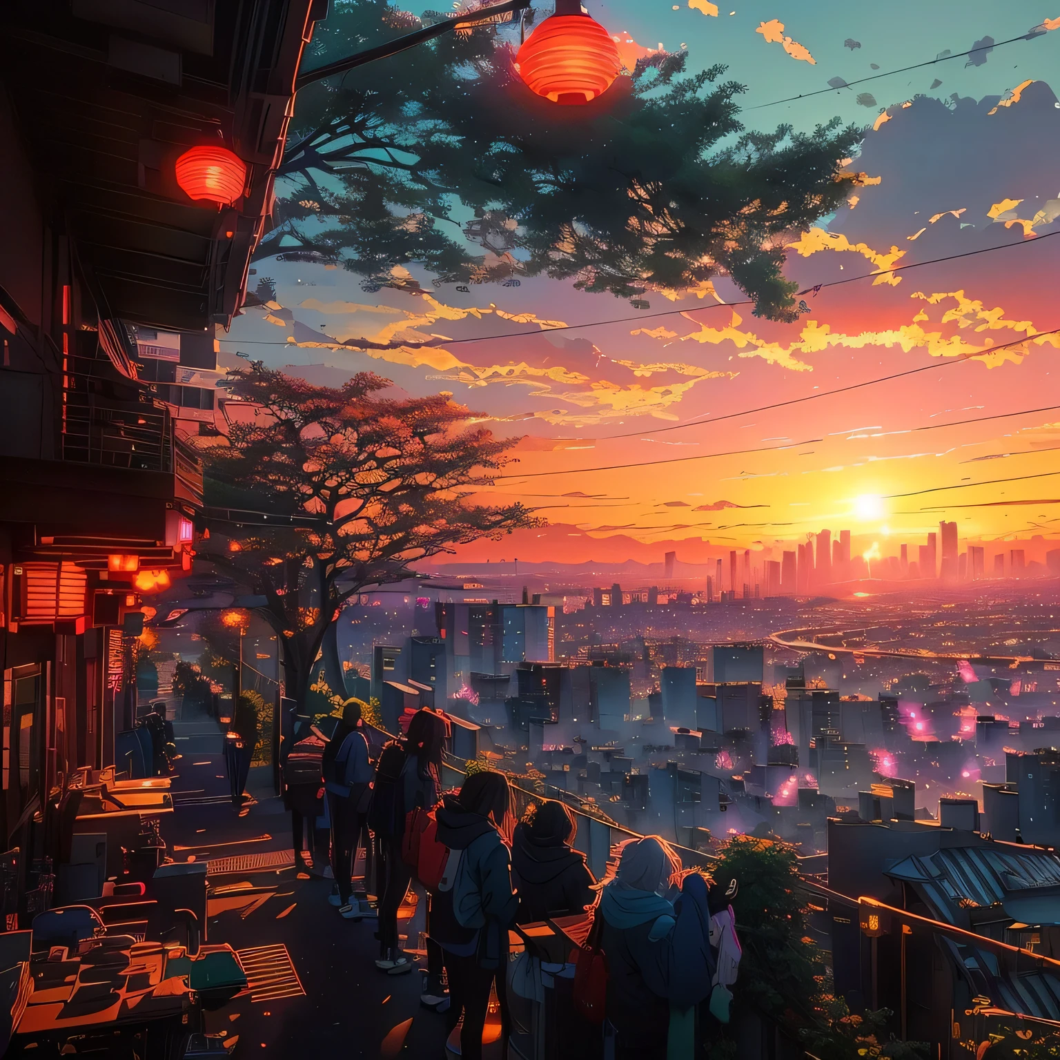 anime scenery of a sunset with a view of a city, beautiful anime scene, anime beautiful peace scene, watching the sun set. anime, beautiful anime scenery, anime background art, anime scenery, ross tran. scenic background, 🌺 cgsociety, lofi artstyle, beautiful cityscape, tokyo anime scene, warm beautiful scene, anime style cityscape, anime vibes, hd anime cityscape