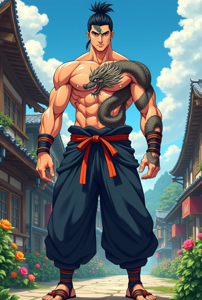 A man with six packs, scar on his head wearing a ninja pants stylish and handsome, 6feet height, anime, white, in a village, dragon tattoo on his chest