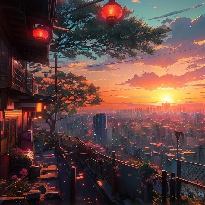 anime scenery of a sunset with a view of a city, beautiful anime scene, anime beautiful peace scene, watching the sun set. anime, beautiful anime scenery, anime background art, anime scenery, ross tran. scenic background, 🌺 cgsociety, lofi artstyle, beautiful cityscape, tokyo anime scene, warm beautiful scene, anime style cityscape, anime vibes, hd anime cityscape