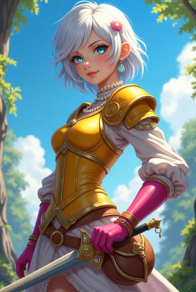 (masterpiece, best quality:1.1), thief (dq3), 1girl, solo, short hair, white hair, blue eyes, medium breasts, pink gloves, jewelry, pearl necklace, earrings, belt, sword, yellow breastplate, black swimsuit bag, (coin, sword on hip:1.2), (dutch angle, dynamic pose, from side:1.3), (blue skies, nature:1.2) 