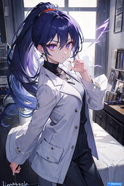 High neck shirt, loose full sleeves jacket, amethyst crystal locket, long pants,long boots, dark blue hair, bangs, crossed bangs, hair between eyes, long hair, ponytail, very long hair, wavy hair, high ponytail, star-shaped pupils, eye reflection, glowing eyes, sparkling eyes, glaring, purple eyes, longeyelashes, earrings, serious, from side, from outside, atmospheric perspective, first-person view, pov, anime, anime, high detail, high detail, first-person view, pov, multiple views, cowboy shot, fisheye, from side, atmospheric perspective, sparkle, glowing light, reflection light, cinematic lighting, bloom, cinematic lighting, masterpiece, accurate, anatomically correct, super detail, high quality, award winning, best quality