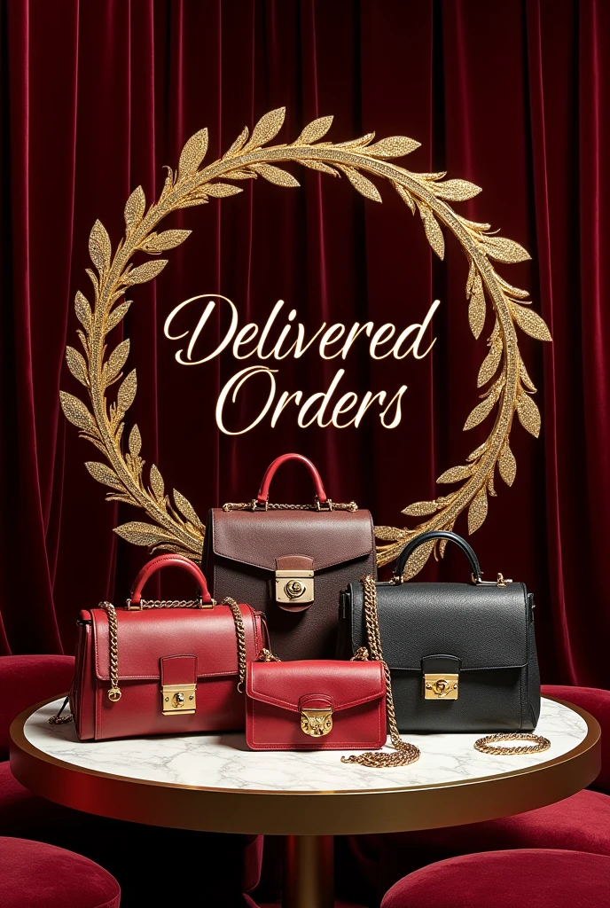 Create a realistic image  full of luxury bags and weite "Delivered orders" in the centre of image in a circle
