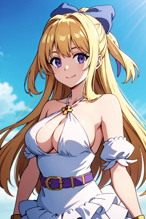 AARISTA, LONG HAIR, BLONDE HAIR, HAIR BOW, BLUE BOW, BARE SHOULDERS, HALTERNECK, CLEAVAGE, WHITE DRESS, DETACHED SLEEVES, BRACELET, PURPLE BELT, 1girl, solo, facing viewer, looking at viewer, upper body, smile.