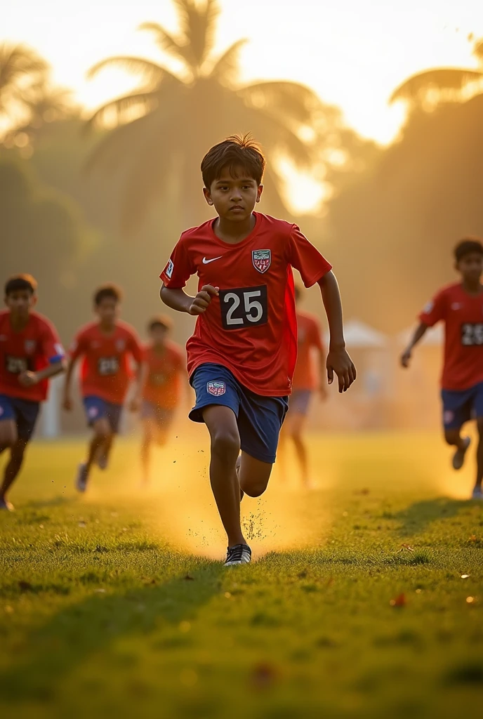 A teen age boys running in his kho kho ground and his name Ashutosh and jersey number 25 written on his jersey