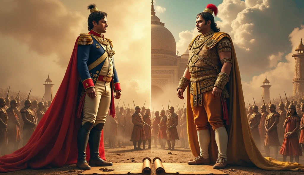 "A powerful split-screen image showing Napoleon Bonaparte on one side and Samudragupta indian on the other, both standing tall in regal attire. Behind Napoleon, a battlefield and the Napoleonic Code scroll, symbolizing his military genius and legal reforms. Behind Samudragupta, a map of the Gupta Empire and a temple, symbolizing his conquests and cultural contributions. The background gradually blending together, representing their lasting impact on history."