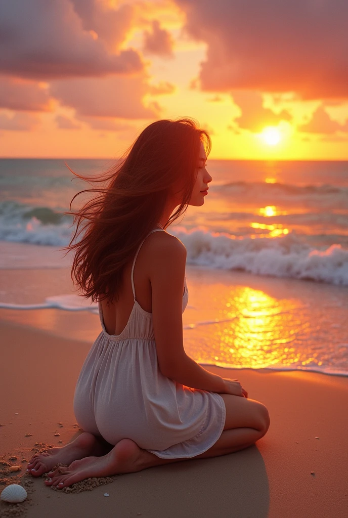 Brune, a genoux sur la plage,couche de soleil