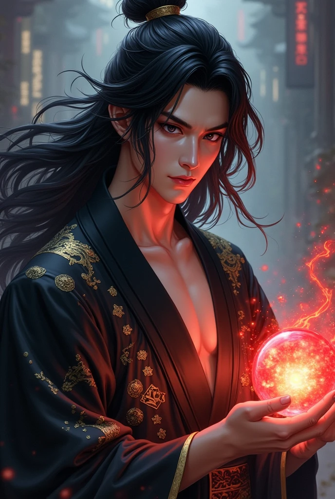 black haired, cold looking man, black eyes, long hair, majestic features, wearing a black and gold kimono, holding a glowing red ball of energy in his hand, novel cover.