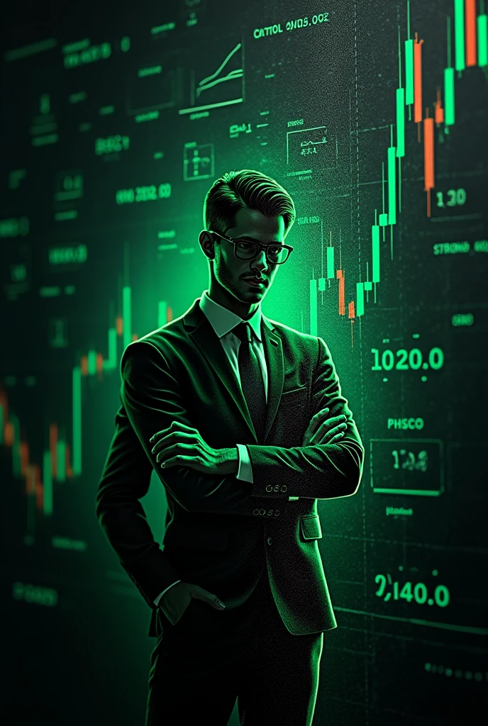 Design a professional logo for a Forex trader with a background that features a chalkboard filled with economic formulas and trading charts. The logo should convey expertise and deep knowledge in trading. The main focus should be on the trader, possibly represented by a figure or symbol that signifies professionalism and success in the forex market. The color scheme can include shades of green and black, symbolizing both wealth and the chalkboard theme. Make sure the text and any relevant symbols are clear and well-integrated into the design