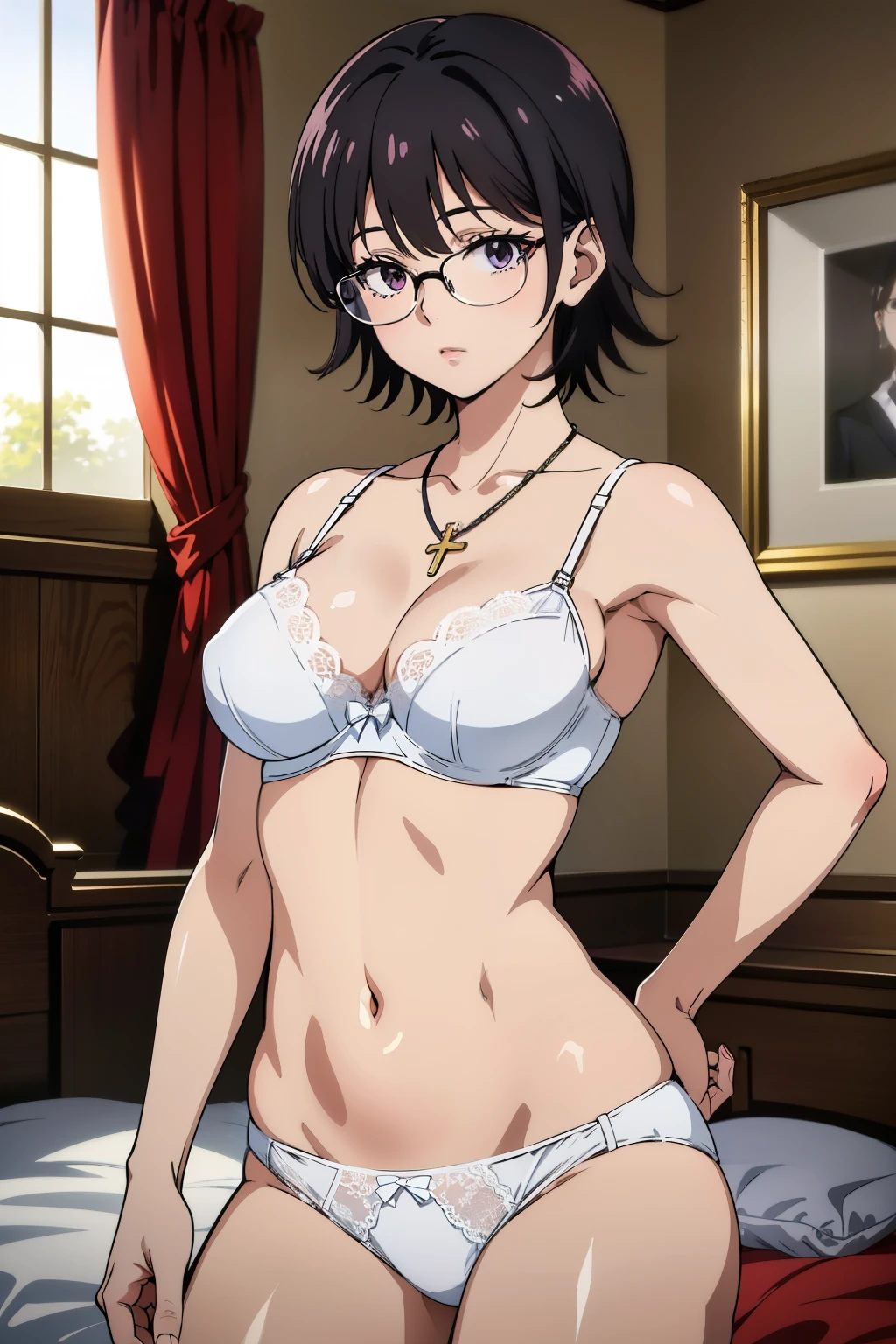 (masterpiece, High resolution, Highest quality, Anime Color), (Perfectly detailed anatomy, Beautiful attention to detail&hair), (Shizuku Murasaki), (One girl), black hair, short hair, Glasses,  inverted cross chain necklace, (slim body: 1.3), (large breastst), (White lace bra: 1.3),( Lingerie with a small area), ( White lace Panties: 1.3), (Realistic White lace bra pantie), cowboy shot, indoor, bed room