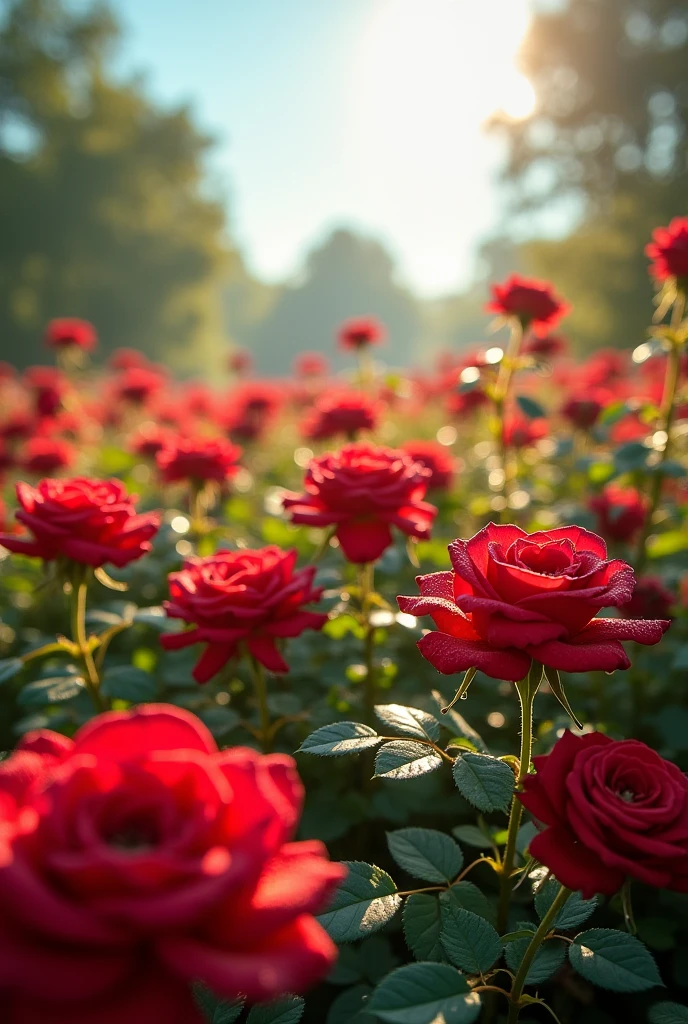 A carpet of crimson roses, nature bathed in sunlight from above, exquisite in every detail. 