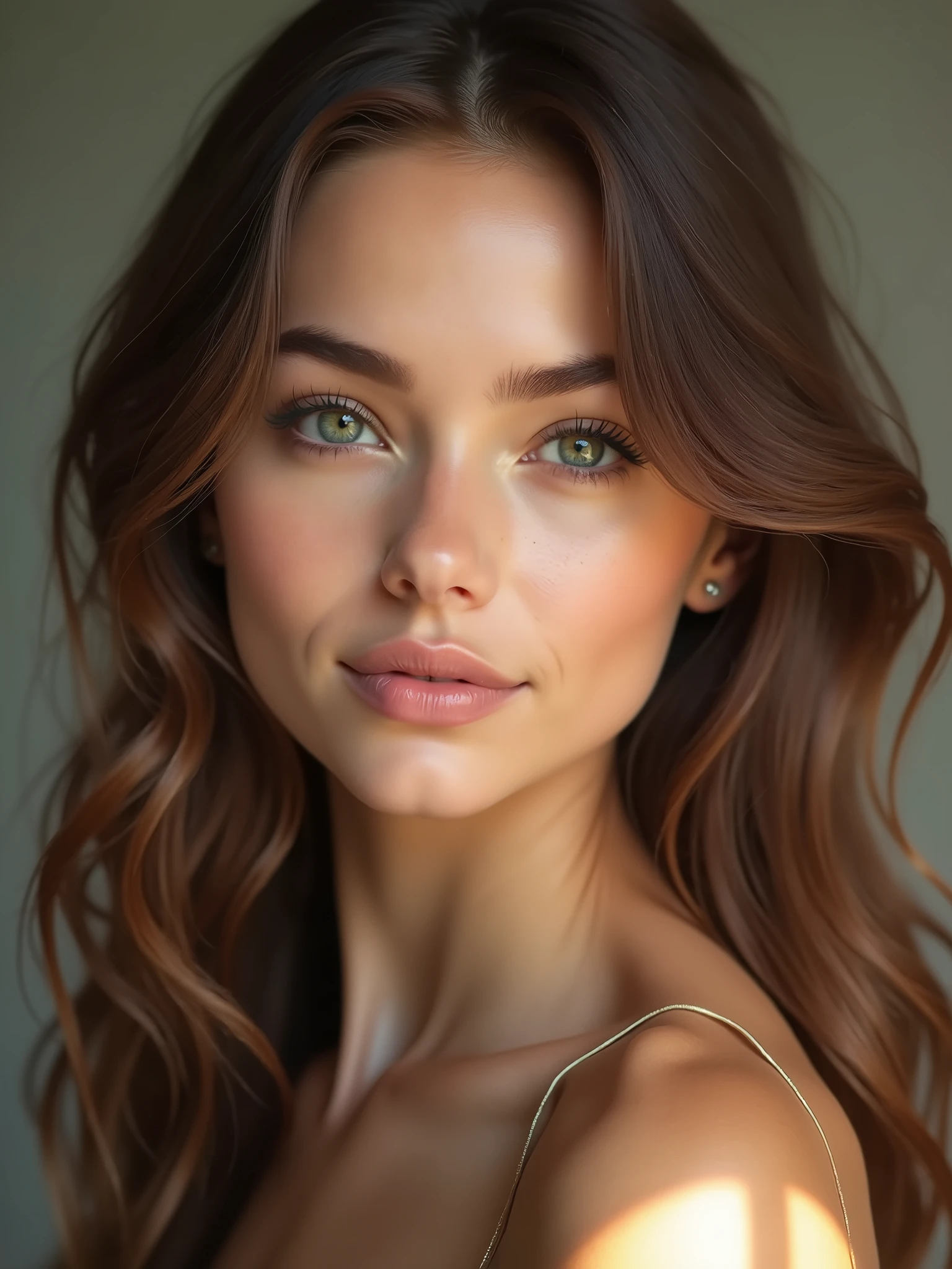 A highly realistic portrait of a young woman with long, wavy brown hair, striking light-colored eyes (either blue or green), and smooth, clear skin. Her face is softly lit, showing delicate features with a natural expression. She has a subtle smile, and is wearing minimal, natural makeup. The background is slightly blurred to focus on the details of her face, emphasizing the texture of her skin and the shine of her hair.
