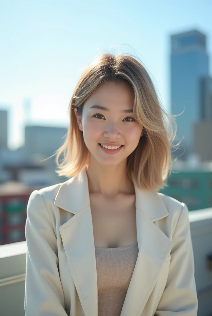 A Japanese woman in her late 20s with medium-length hair in a beige shade, large black eyes, and wide-set eyes. Her hair is swept to the side, giving her a cute and charming impression. She has a small face with sharp facial lines, and she is smiling overall. The background is an outdoor rooftop with natural, bright light.