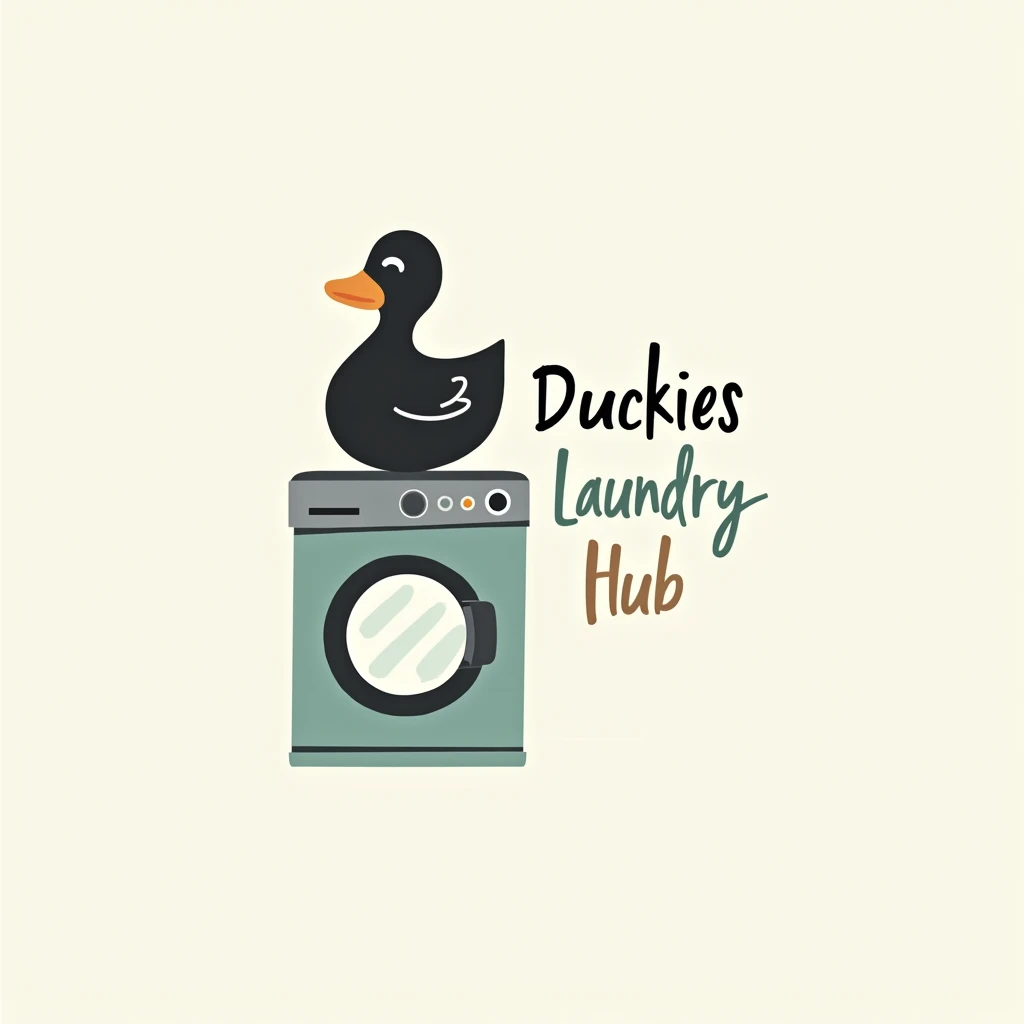 simple logo with black duck sitting above the washing machine, put caption at the right of the picture with "Duckies Laundry Hub"