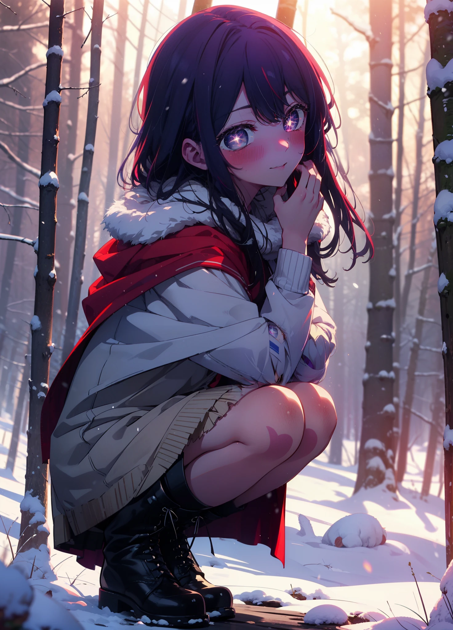aihoshino, Ai Hoshino, Long Hair, bangs, (Purple eyes:1.1), Purple Hair, (Symbol-shaped pupil:1.5), smile,,smile,blush,white breath,
Open your mouth,snow,Ground bonfire, Outdoor, boots, snowing, From the side, wood, suitcase, Cape, Blurred, , forest, White handbag, nature, Squat, Mouth closed, Cape, winter, Written boundary depth, Black shoes, red Cape break looking at viewer, Upper Body, whole body, break Outdoor, forest, nature, break (masterpiece:1.2), Highest quality, High resolution, unity 8k wallpaper, (shape:0.8), (Beautiful and beautiful eyes:1.6), Highly detailed face, Perfect lighting, Extremely detailed CG, (Perfect hands, Perfect Anatomy),