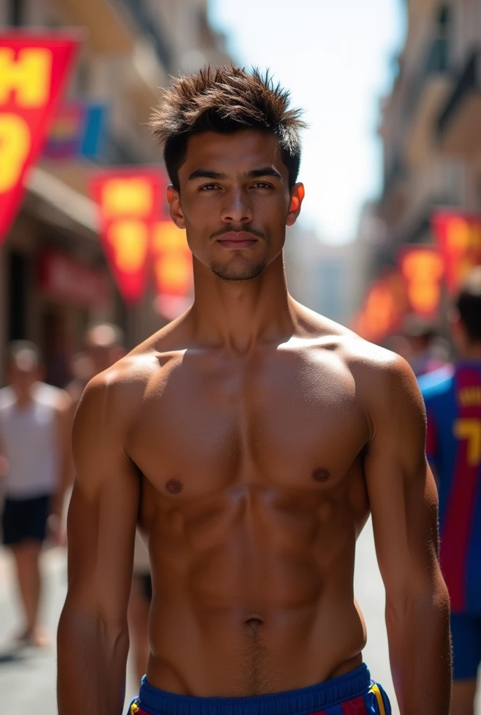 A photo of the Barça player, Yamal lamina, shirtless and with a six-pack on his abdomen