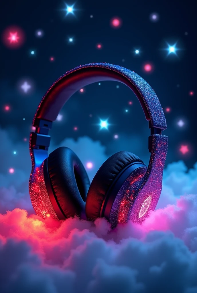 Headphones with red and blue sparkles And there are bright stars
