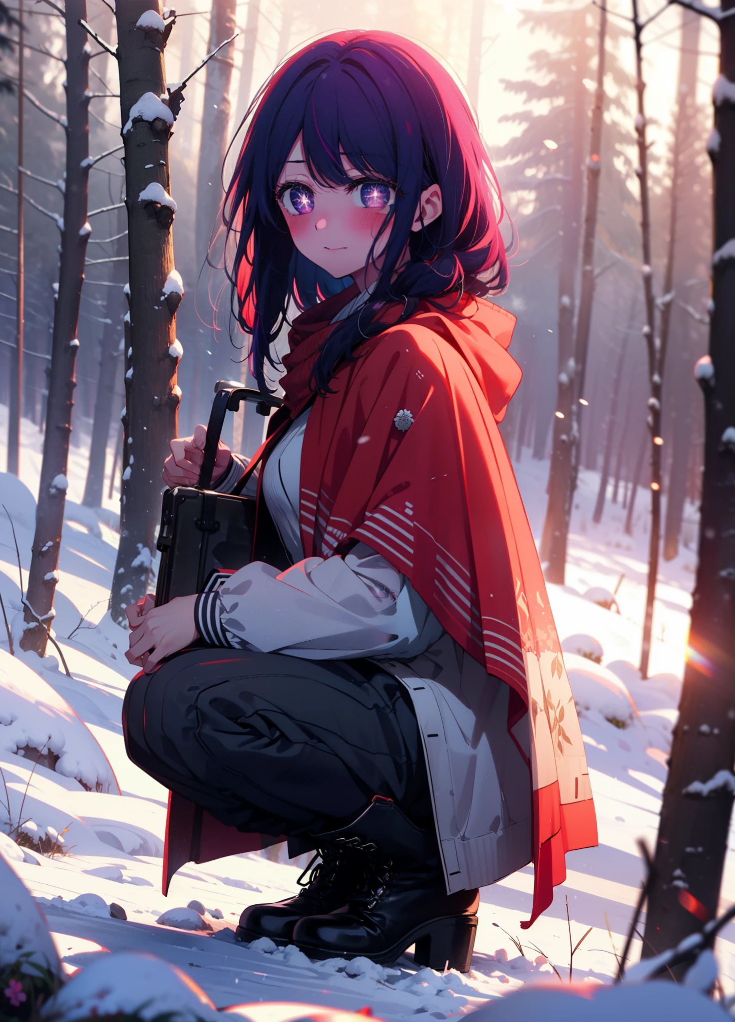 aihoshino, Ai Hoshino, Long Hair, bangs, (Purple eyes:1.1), Purple Hair, (Symbol-shaped pupil:1.5), smile,,smile,blush,white breath,
Open your mouth,snow,Ground bonfire, Outdoor, boots, snowing, From the side, wood, suitcase, Cape, Blurred, , forest, White handbag, nature,  Squat, Mouth closed, Cape, winter, Written boundary depth, Black shoes, red Cape break looking at viewer, Upper Body, whole body, break Outdoor, forest, nature, break (masterpiece:1.2), Highest quality, High resolution, unity 8k wallpaper, (shape:0.8), (Beautiful and beautiful eyes:1.6), Highly detailed face, Perfect lighting, Extremely detailed CG, (Perfect hands, Perfect Anatomy),