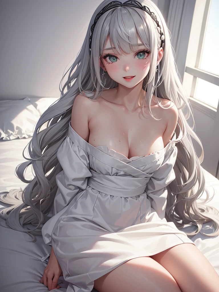 1Girl, Solo, Anime, Ideal body, (Cleavage, Small breast). Beautiful, Gorgeous, Fresh, Blunt Bangs, (White Grey Hair:1.5),(Straight and Wavy Long Hair:1.3), Sleep dress, Off-Shoulder, Oversize , laced, Comfort, Loose dress, satin Texture. (Sit on bed:1.3). Earrings, Thin Black Headband, Green Accessories, Environmental Details, Bed Room, Natural Light, Modern Bed, Chair, Window, White Curtain, City View. pov, anime style, UHD, retina, masterpiece, accurate, anatomically correct, textured skin. High Resolution, Looking at viewer, Blush, Best Quality, Award Winning, Accurate, Embarrassed, seductive smile, sweating, Naughty Face, Naughty, Gradient Eye Color, Sexy Pose. Cowboy Shot, tongue out, high class. 