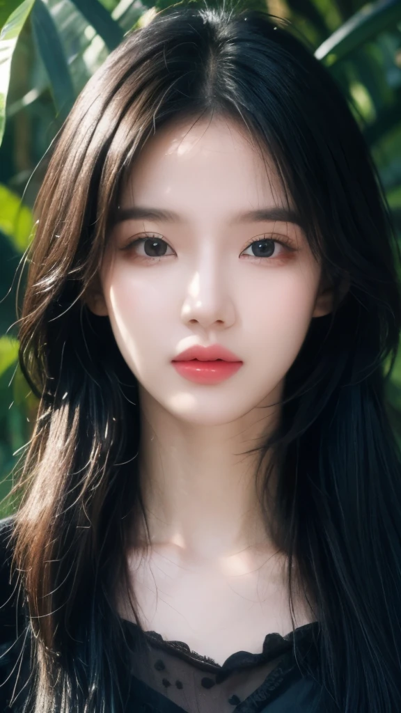 (Surreal) , (illustration), (Improve resolution), (8K), (Extremely detailed), (best illustration), (Beautiful and delicate eyes), (best quality), (Extremely detailed), (masterpiece), (wallpaper), (Delicate face), 1 girl, Black straight hair, slim body, Fine details, in the darkness, Deep Shadows, Low profile, Purebred face_v1, a happy expression, Summer Clothing, Fall, Rainforest