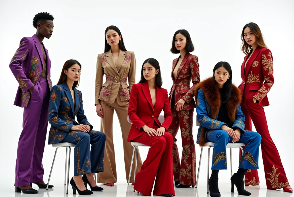 black woman wearing purple suit with african colorfull patterns standing side profile and looking back to the viewer , ((korean woman)) wearing red suit with chinese colorfull patterns sitting , ((turkish woman)) wearing beige suit with arabic colorfull patterns standing and posing ,russian model girl wearing blue suit with lot of russian pattern fur, american model girl wearing blue red suit with lot of american eagle pattern , cinematic ,((posing different poses)) white background , photo shooting ,models ,full body , oversize pants, rings