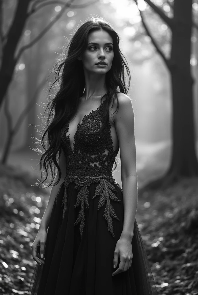 beautiful woman with black hair in black and white fairytale style