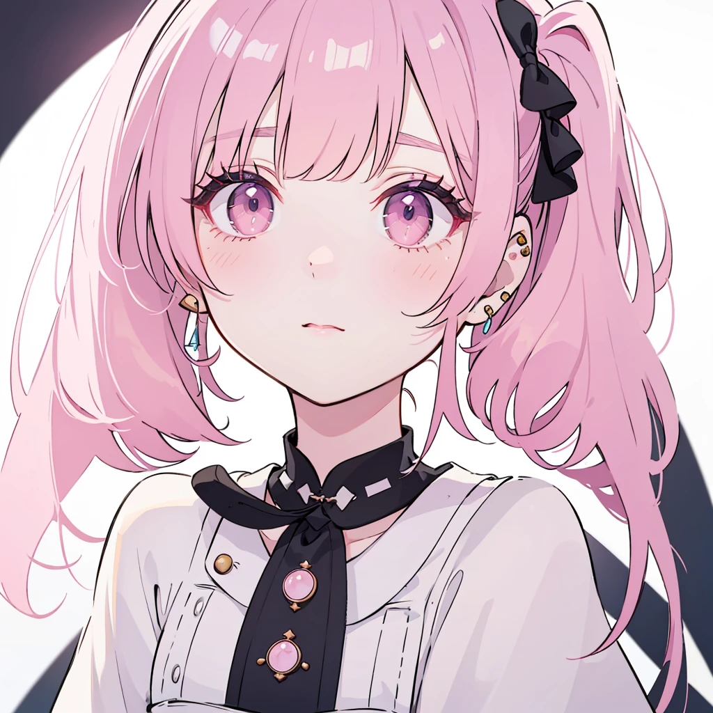 Accented with pink eyeshadow that fades to a lighter shade towards the inner corners of the eyes.、Create beautiful character illustrations with detailed eye makeup。thick, Long and soft eyelashes, Arched eyebrows accentuate this.. This character is、She has a unique hairstyle with straight cut bangs that frame her face.。, Her hair was tied up in small twin tails.、It is secured with a pink band that matches the eyeshadow., Let the rest of your hair hang naturally, slightly longer than your shoulders.. Her ears are adorned with multiple earrings, Includes studs and hoops, Add a playful touch to the overall aesthetic.