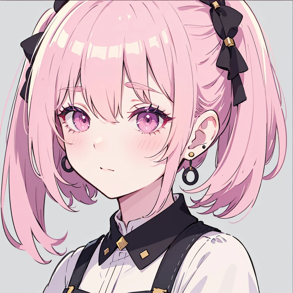 Accented with pink eyeshadow that fades to a lighter shade towards the inner corners of the eyes.、Create beautiful character illustrations with detailed eye makeup。thick, Long and soft eyelashes, Arched eyebrows accentuate this.. This character is、She has a unique hairstyle with straight cut bangs that frame her face.。, Her hair was tied up in small twin tails.、It is secured with a pink band that matches the eyeshadow., Let the rest of your hair hang naturally, slightly longer than your shoulders.. Her ears are adorned with multiple earrings, Includes studs and hoops, Add a playful touch to the overall aesthetic.