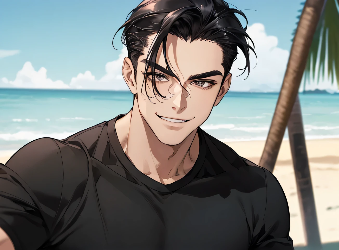 wild,Working Adults.,male,good looking,Cool vibe,I,Black-haired,Raking up,hair slicked back,,Viewer Perspective,Upper Body,Face close-up,Excited,Slim and muscular,smile,Stylish clothes,A tight black T-shirt,Background sea,Beach,(stall)