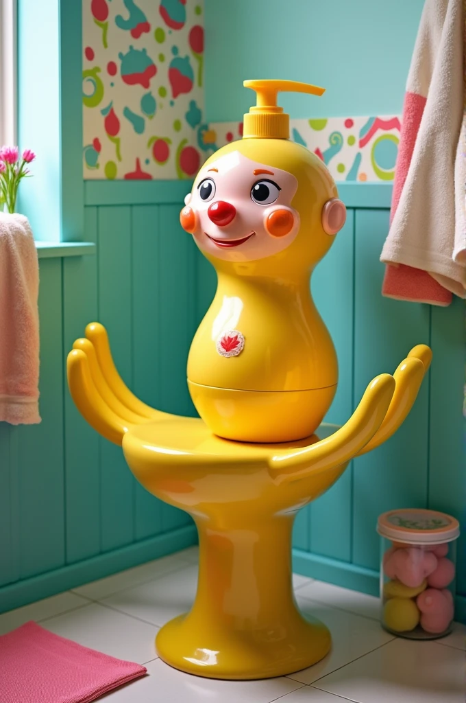 A chair with human hand and shampoo bottle head