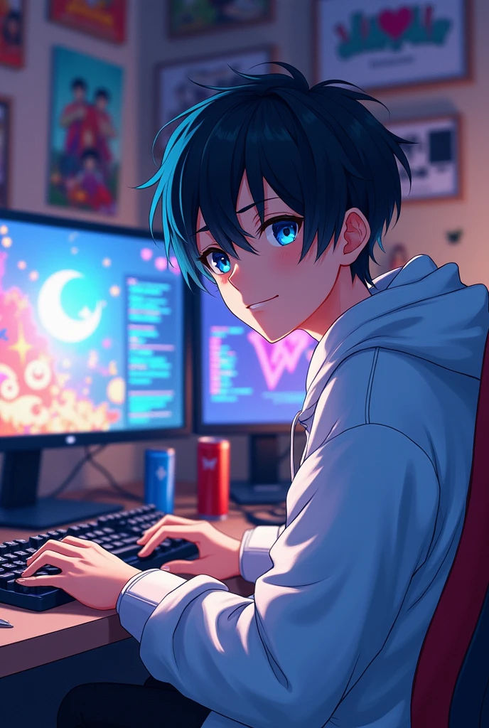 Black hair blue eyes guy 18 year old wearing white hoodie working on computer anime version 

