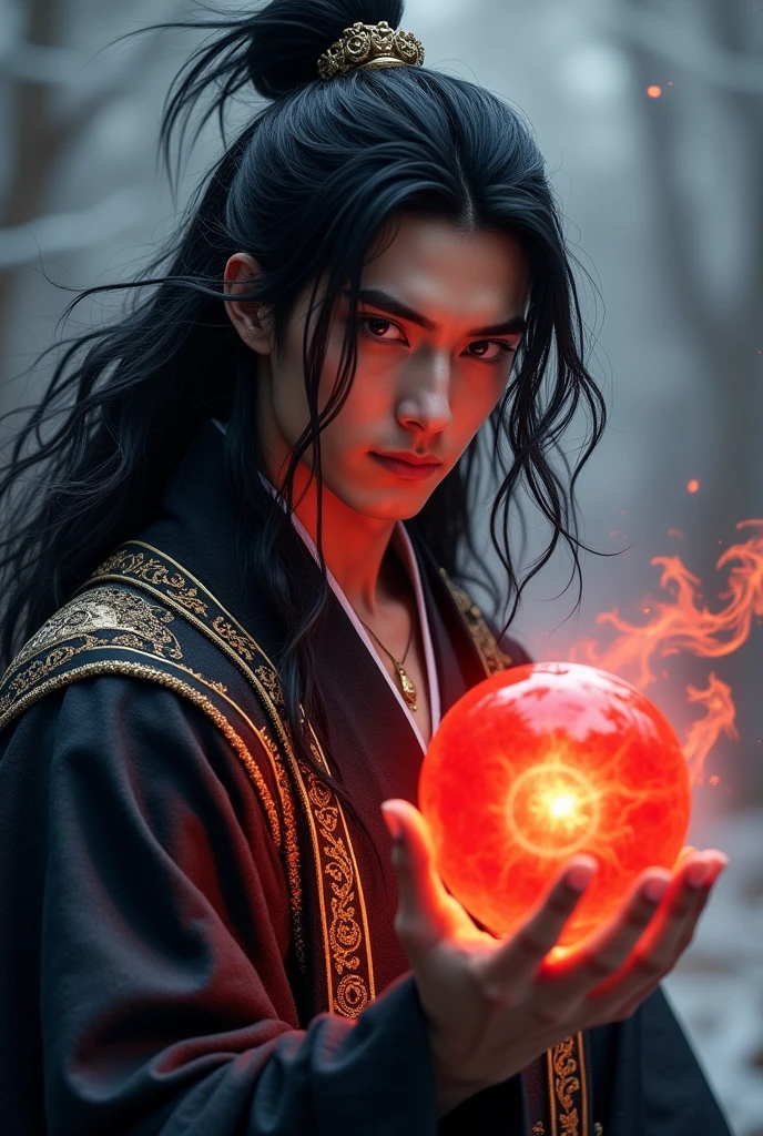 black haired, cold looking man, black eyes, long hair, majestic features, wearing a black and gold kimono, holding a glowing red ball of energy in his hand, novel cover.