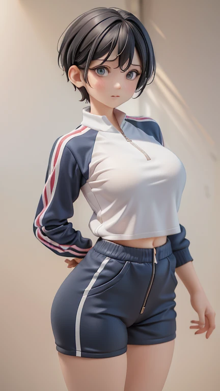 30-year-old woman、Cool woman、sharp、female teacher、physical education teacher、Black Hair,、boyish、Shortcuts、Short cut、Jersey、Tracksuits、Clothing patterns、Clothing Design、The front is open、whole body、
