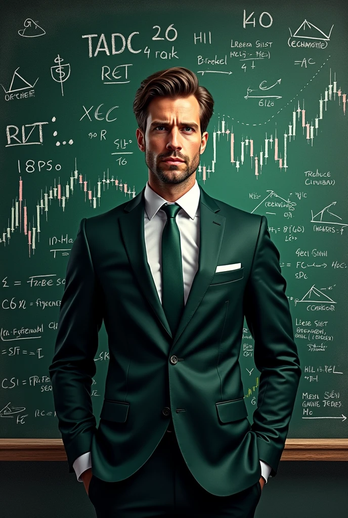 Design a professional logo for a Forex trader with a background that features a chalkboard filled with economic formulas and trading charts. The logo should convey expertise and deep knowledge in trading. The main focus should be on the trader, possibly represented by a figure or symbol that signifies professionalism and success in the forex market. The color scheme can include shades of green and black, symbolizing both wealth and the chalkboard theme. Make sure the text and any relevant symbols are clear and well-integrated into the design